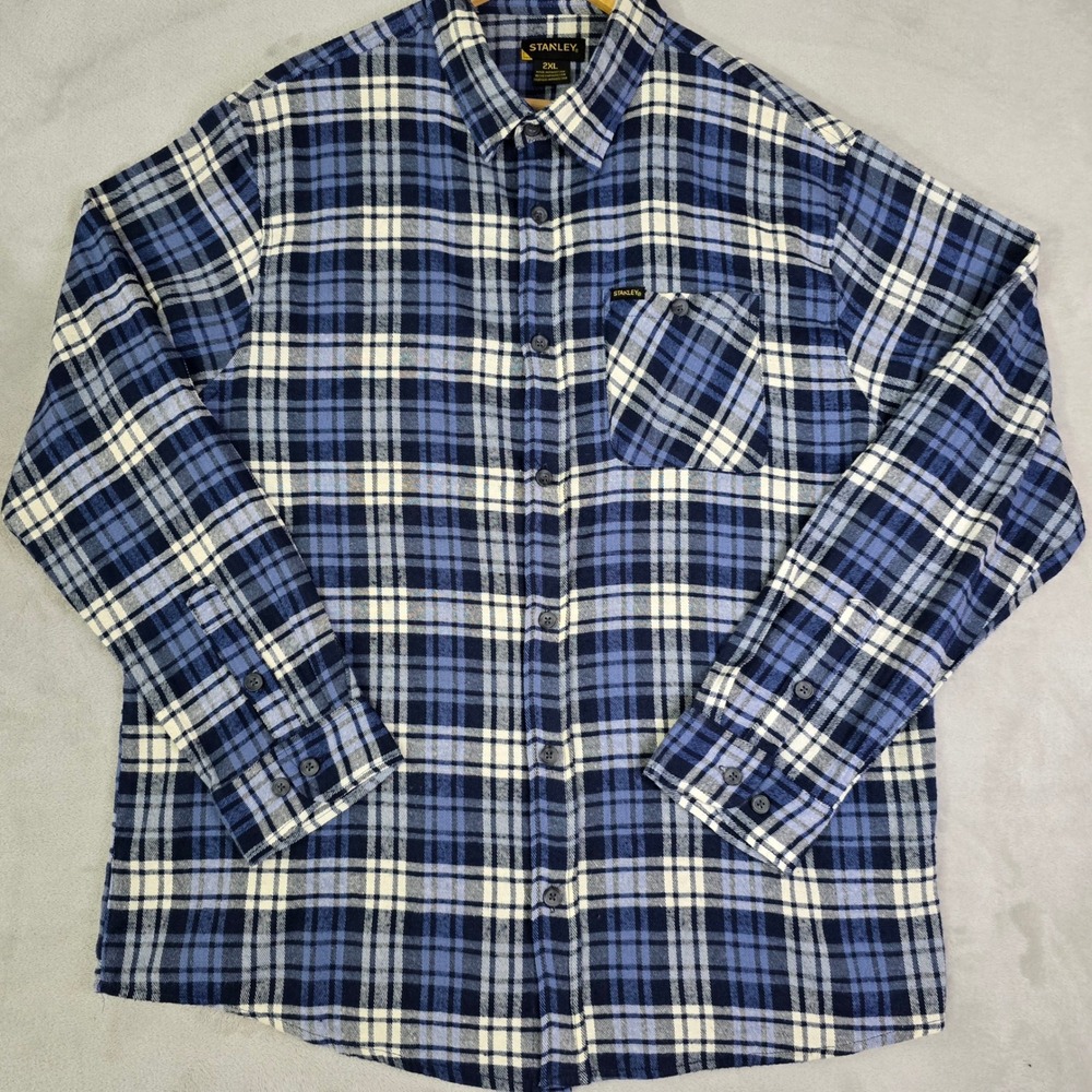 Vintage‎ Stanley Plaid Flannel Shirt Men's 2XL Blue Navy Button Up Workwear